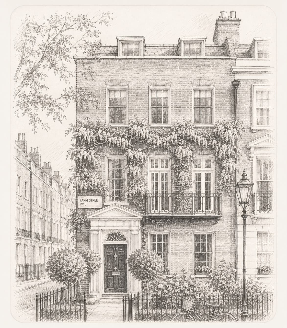 Pen-and-ink illustration of a period townhouse on Farm Street, Mayfair